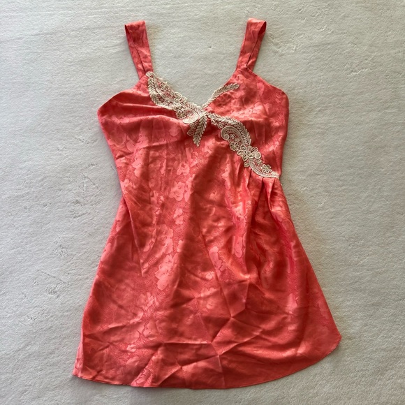 Vintage 80's Victorias Secret Gold Label Coral Peach and Lace Nightie Slip Dress - Picture 2 of 7